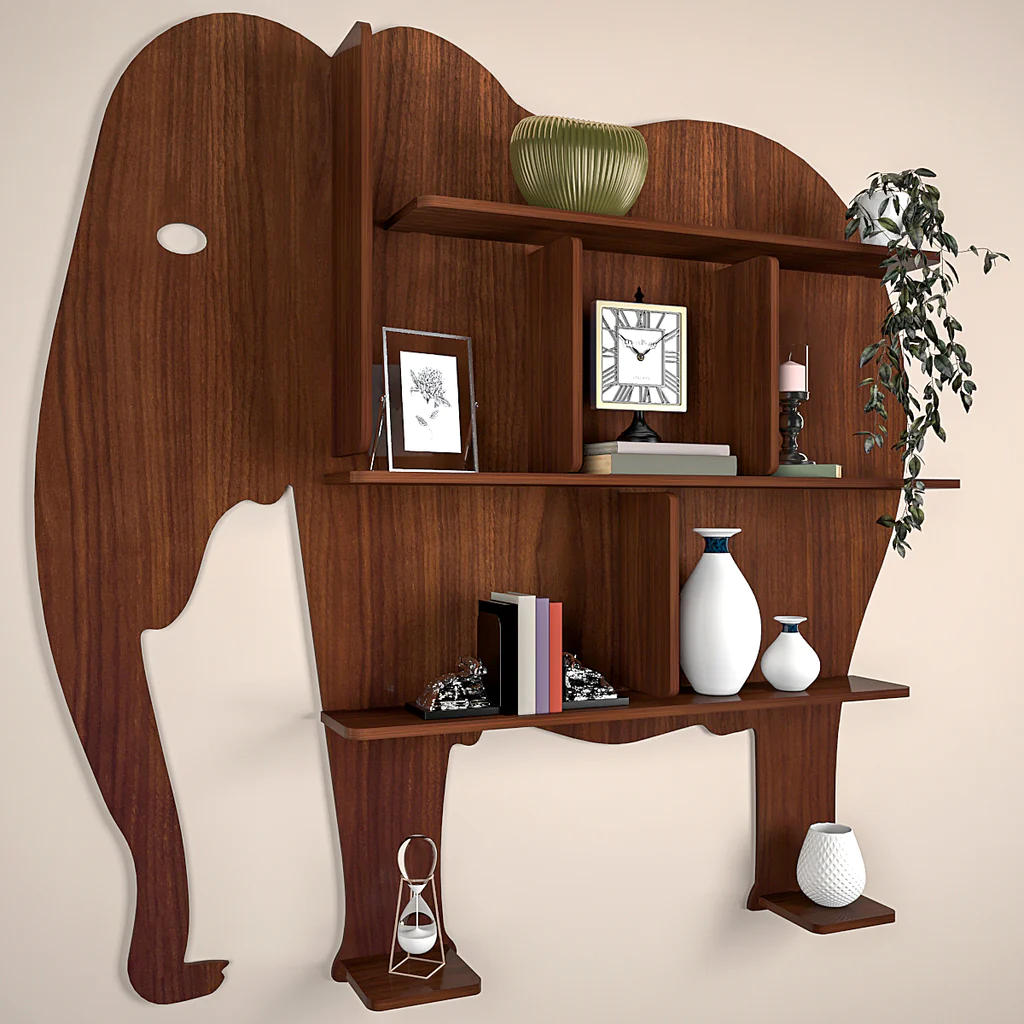 Elephant Shape Desigenr Wooden Wall Shelf / Book Shelf, with Light Walnut Finish