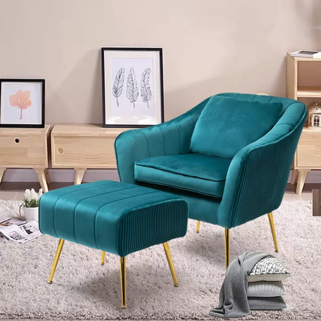 Emerald Fluffy Super Comfy Velvet Luxury Accent Chair with Ottoman