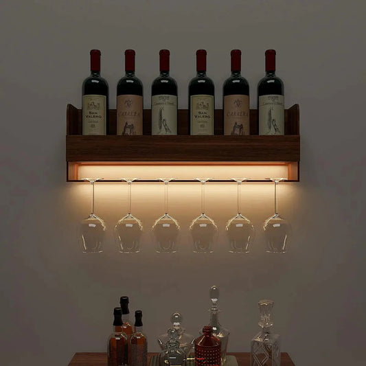 Engineered Wood Backlit Design Mini Bar Shelf in Walnut Finish