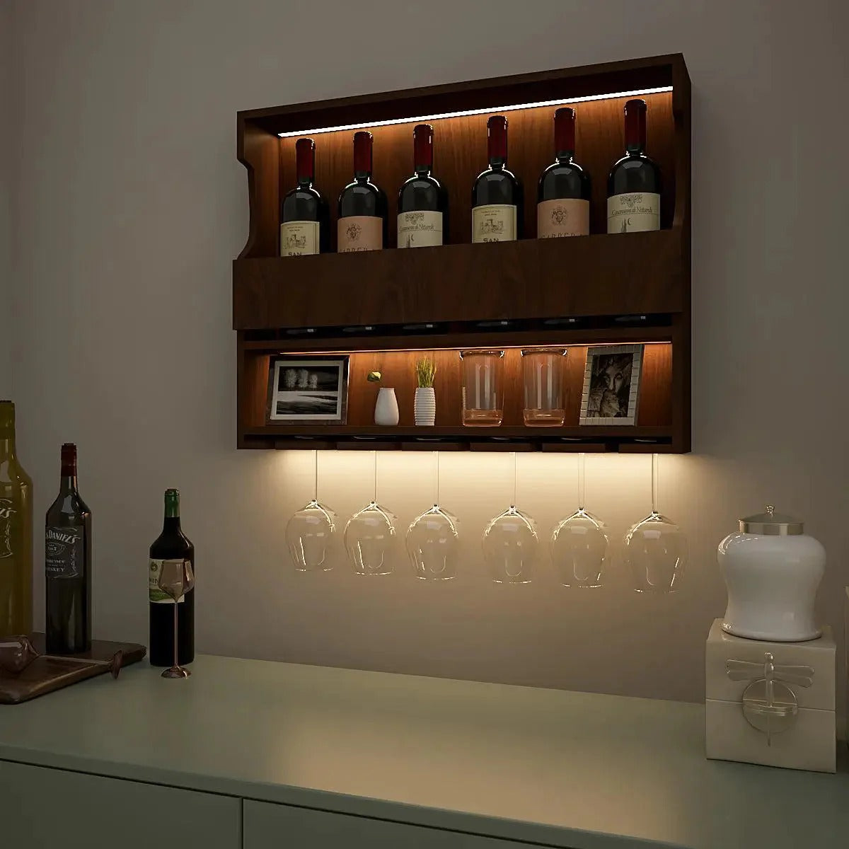 Exquisite Design Backlit MDF Mini Bar Shelf in Walnut Finish