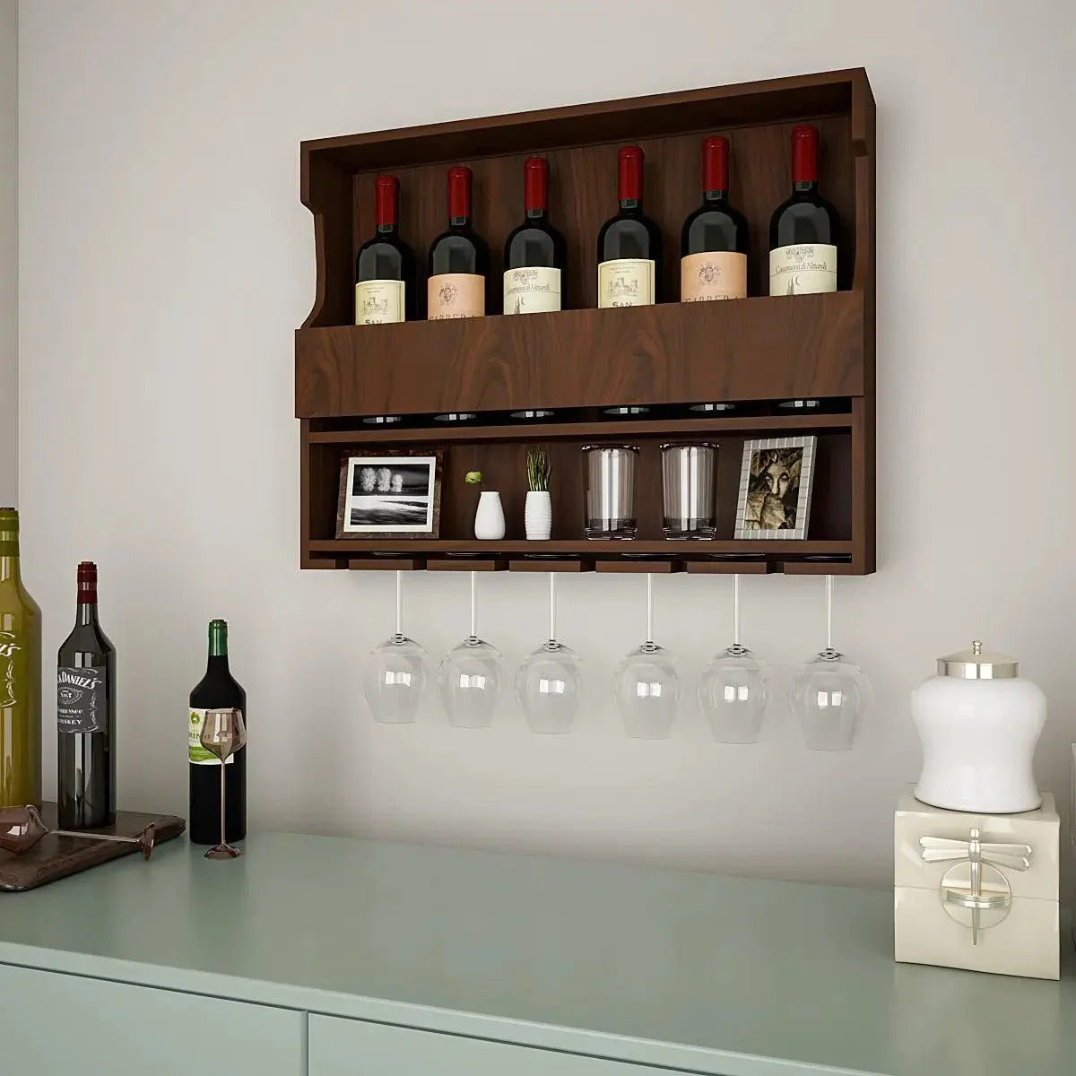 Exquisite Design Backlit MDF Mini Bar Shelf in Walnut Finish