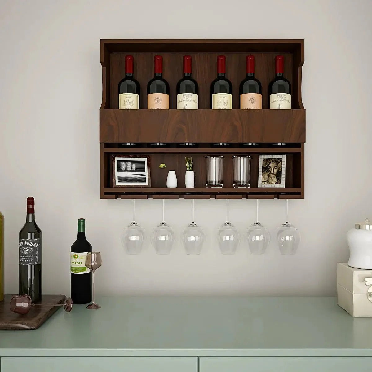 Exquisite Design Backlit MDF Mini Bar Shelf in Walnut Finish