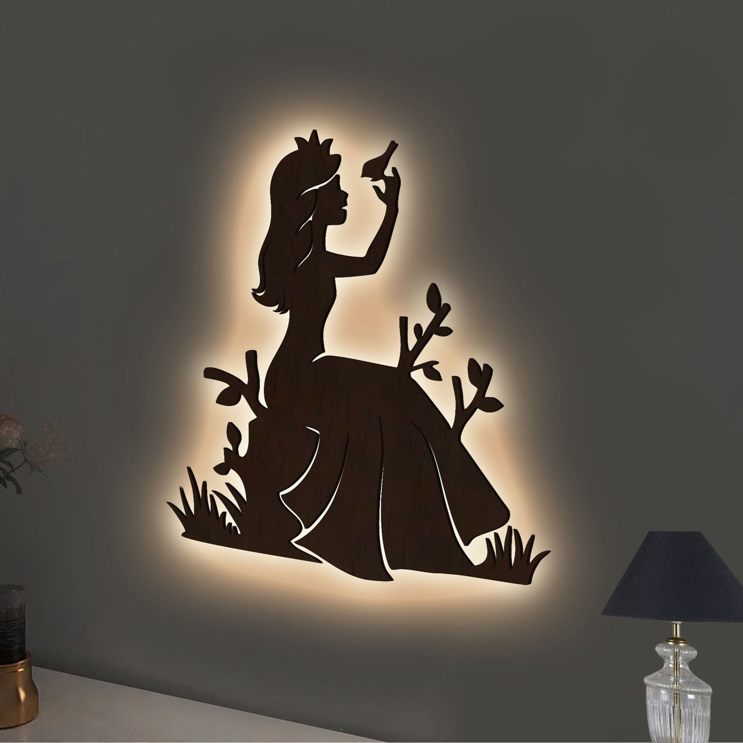 Fairytale Princess Backlit Wooden Wall Decor with LED Night Light Walnut Finish