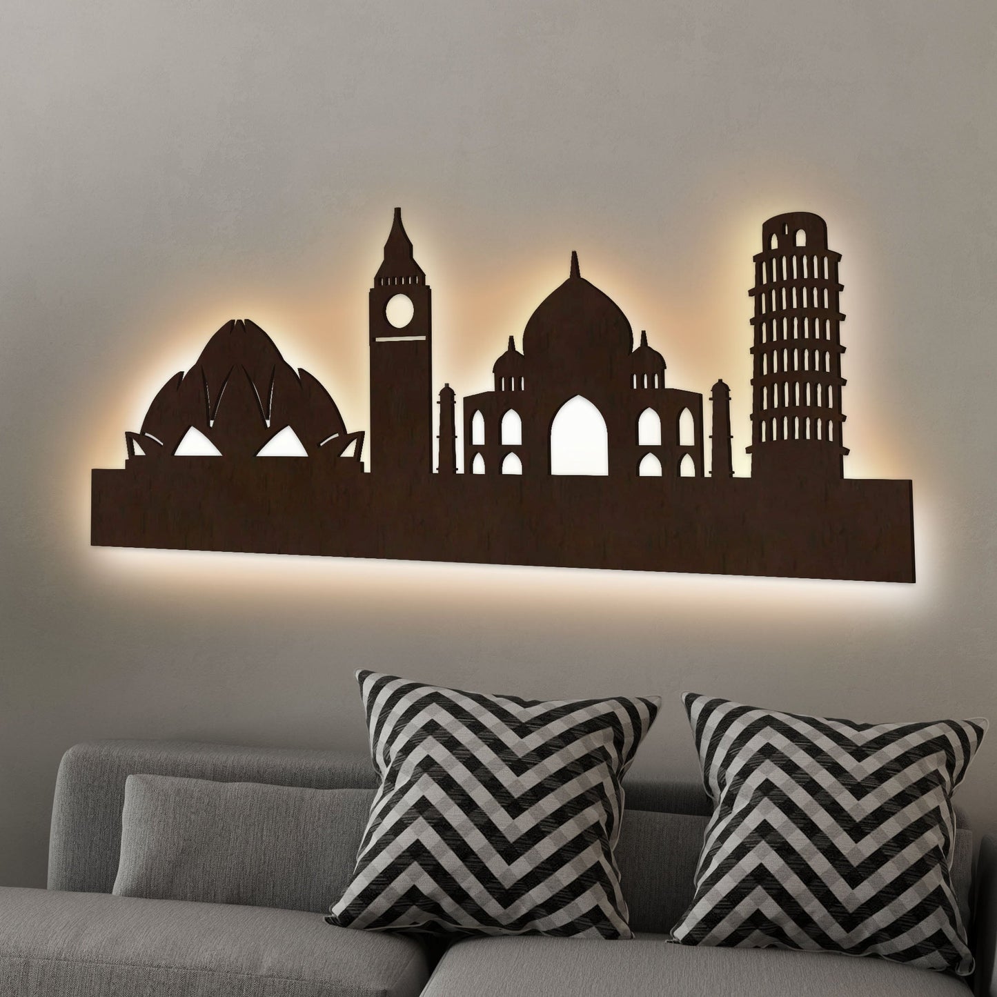 Famous Architectures Backlit Design Wooden Wall Hanging with LED Night Light Walnut Finish