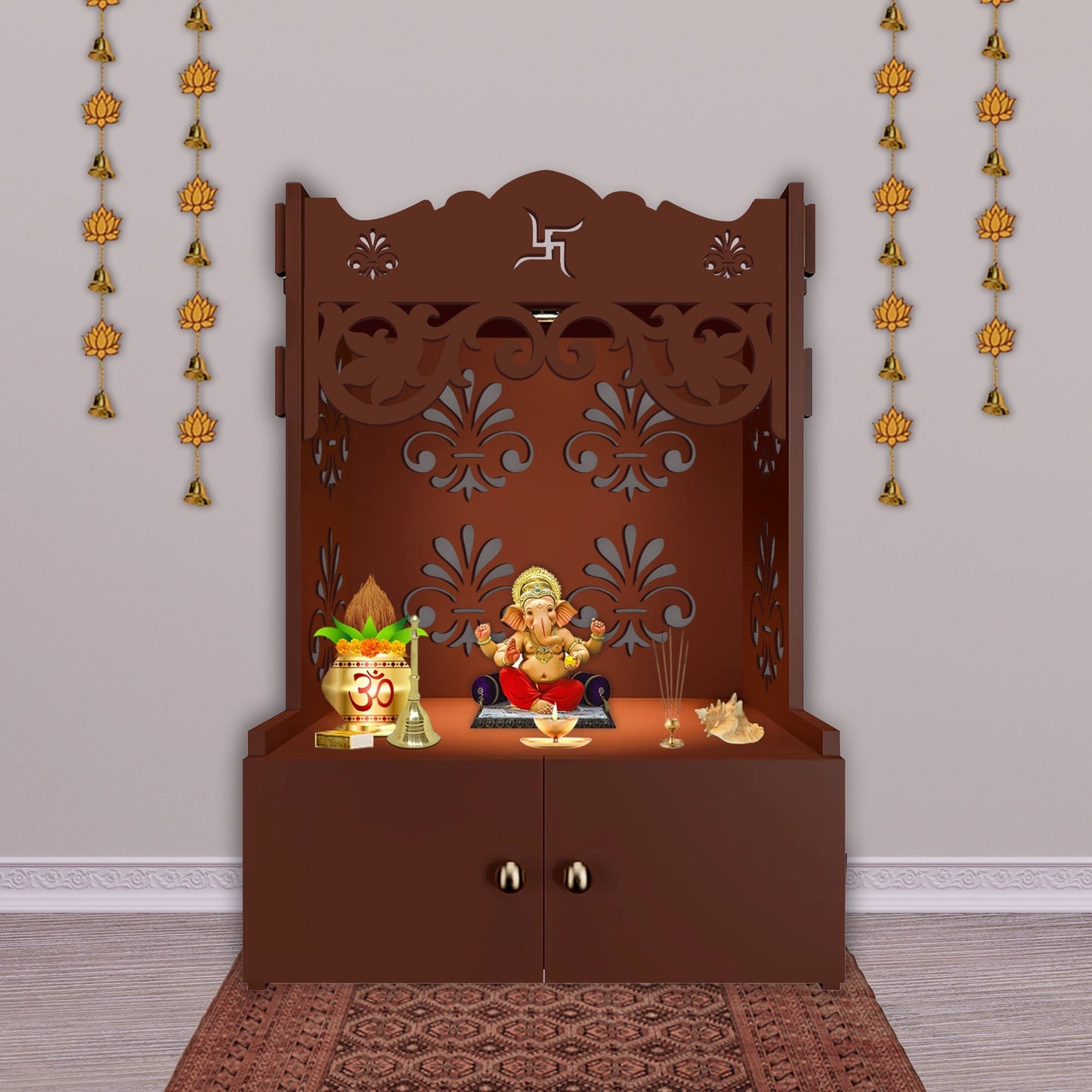 Floral Designer Pattern Floor Temple with Spacious Wooden Shelf & Inbuilt Focus Light- Brown Finish