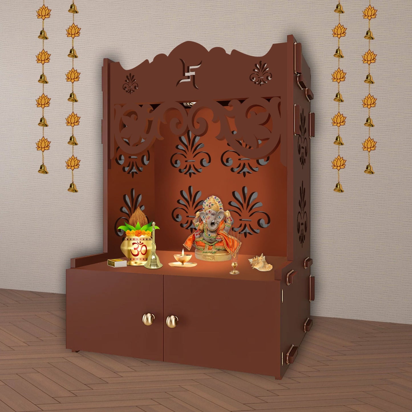 Floral Designer Pattern Floor Temple with Spacious Wooden Shelf & Inbuilt Focus Light- Brown Finish