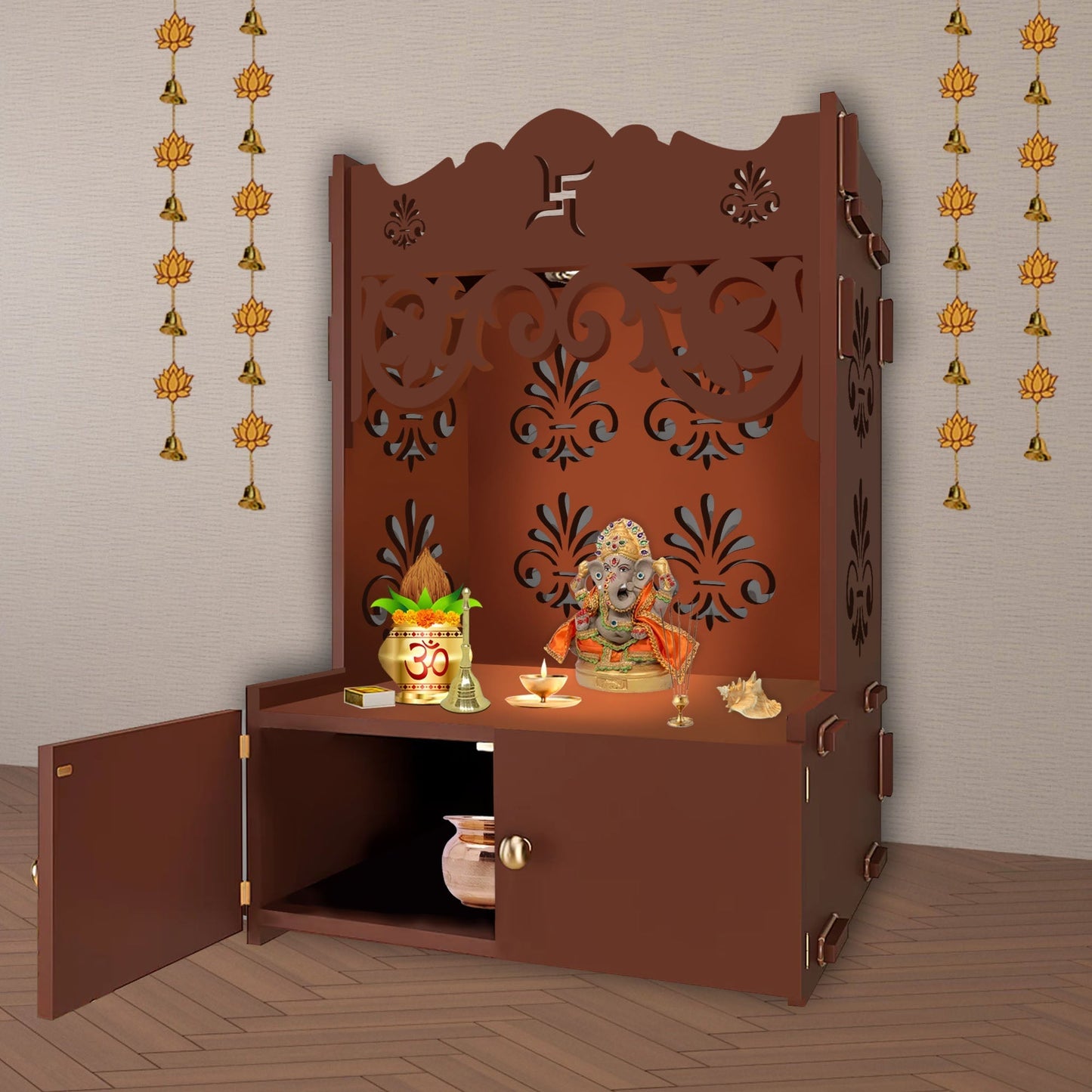 Floral Designer Pattern Floor Temple with Spacious Wooden Shelf & Inbuilt Focus Light- Brown Finish