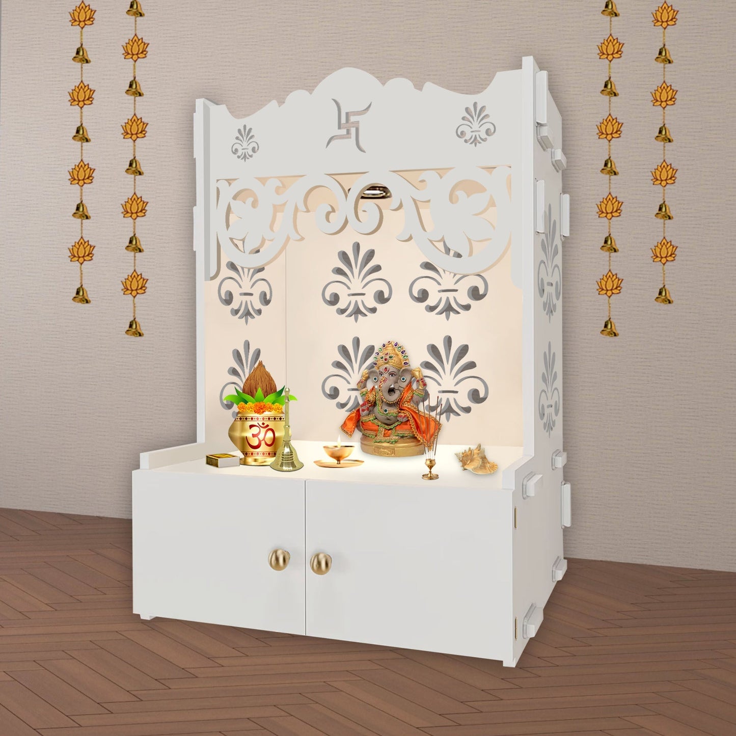 Floral Designer Pattern Floor Temple with Spacious Wooden Shelf & Inbuilt Focus Light- White Finish