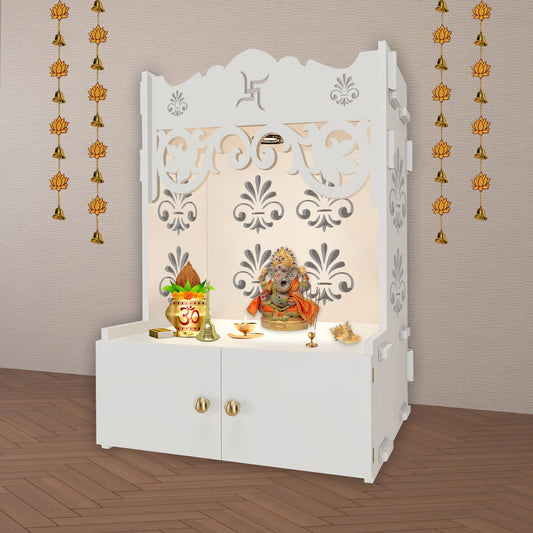 Floral Designer Pattern Floor Temple with Spacious Wooden Shelf & Inbuilt Focus Light- White Finish