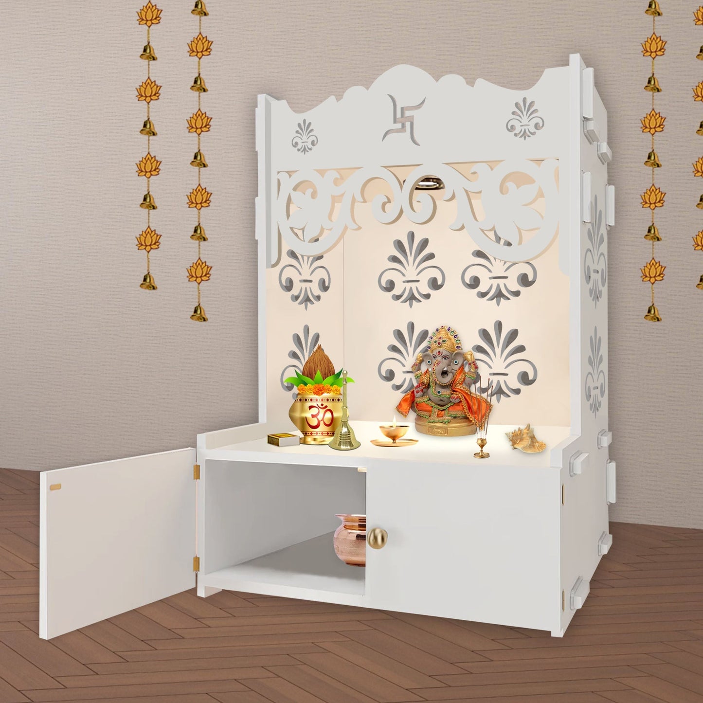 Floral Designer Pattern Floor Temple with Spacious Wooden Shelf & Inbuilt Focus Light- White Finish