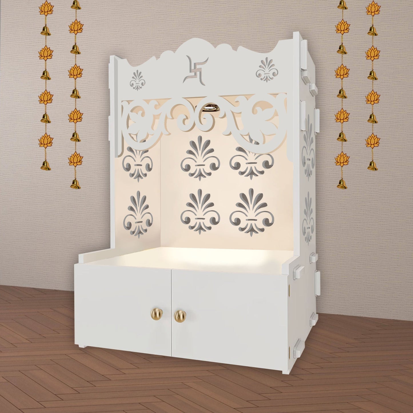 Floral Designer Pattern Floor Temple with Spacious Wooden Shelf & Inbuilt Focus Light- White Finish