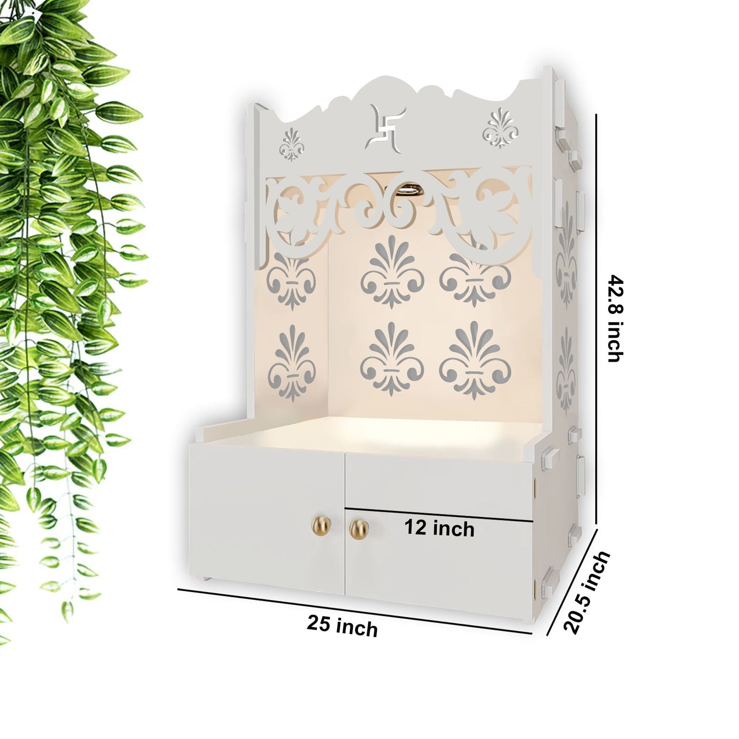 Floral Designer Pattern Floor Temple with Spacious Wooden Shelf & Inbuilt Focus Light- White Finish