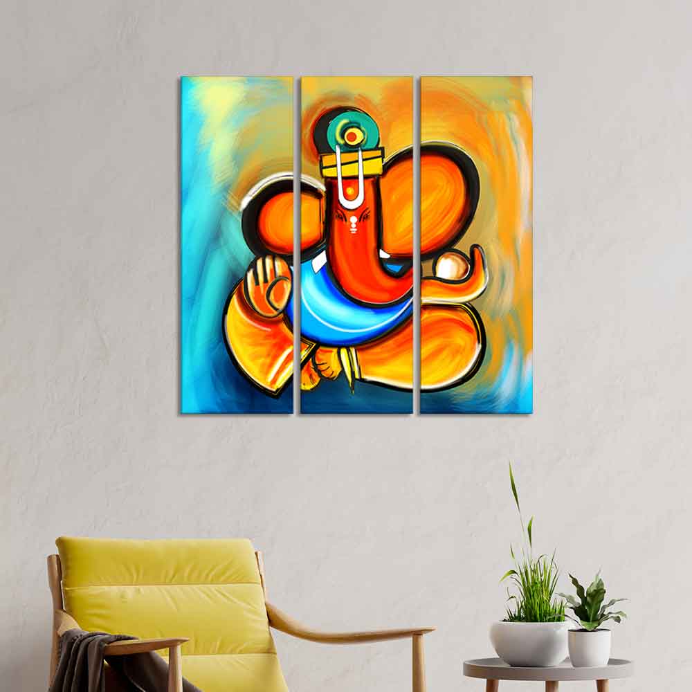 Ganesha Canvas Wall Painting Set of 3 Pieces