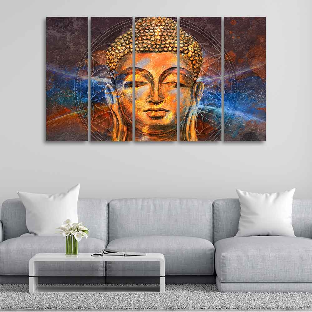 Gautam Buddha Head Wall Painting of Five Pieces