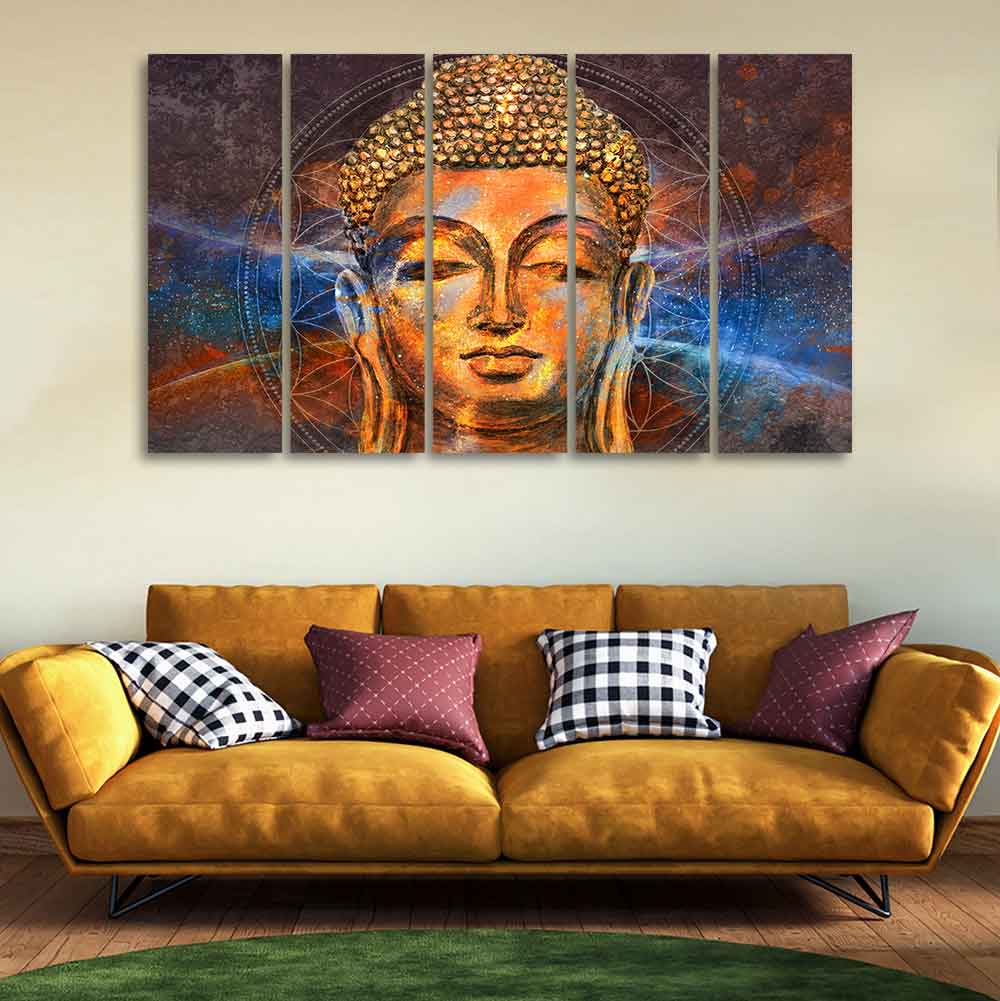 Gautam Buddha Head Wall Painting of Five Pieces