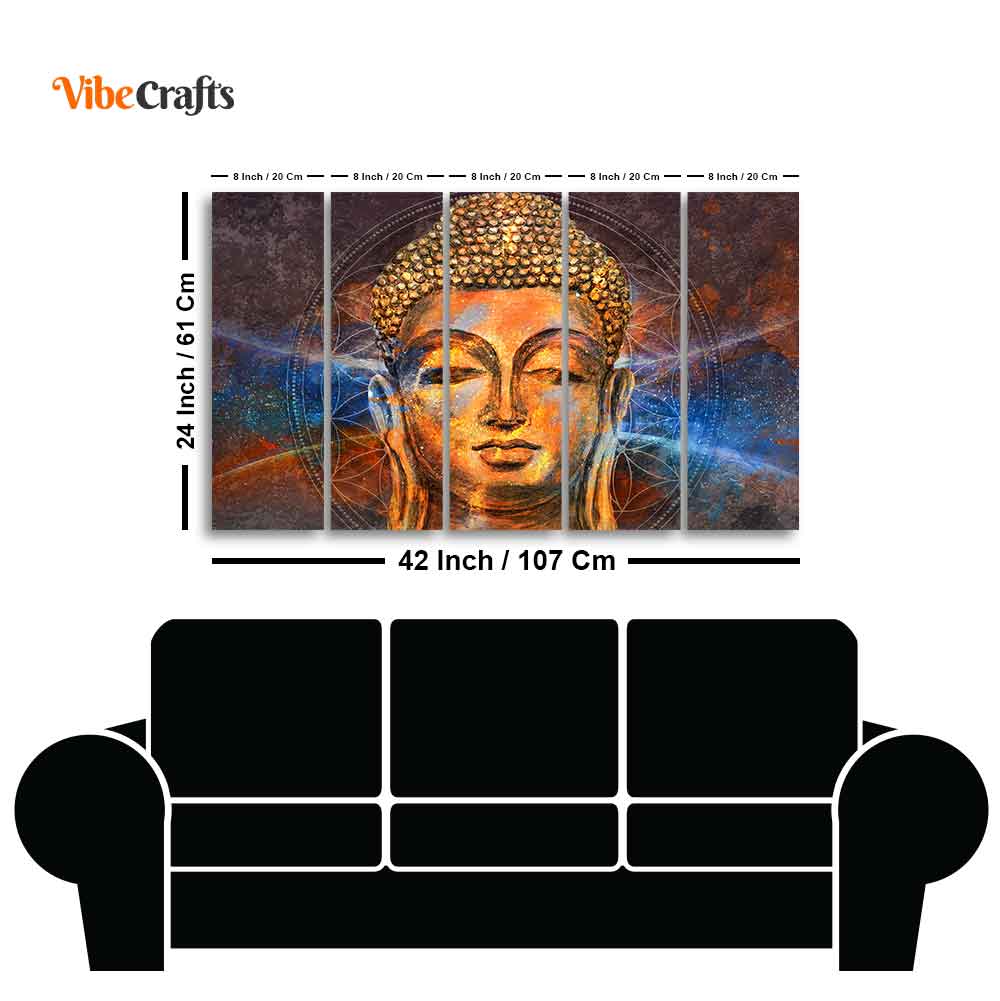 Gautam Buddha Head Wall Painting of Five Pieces