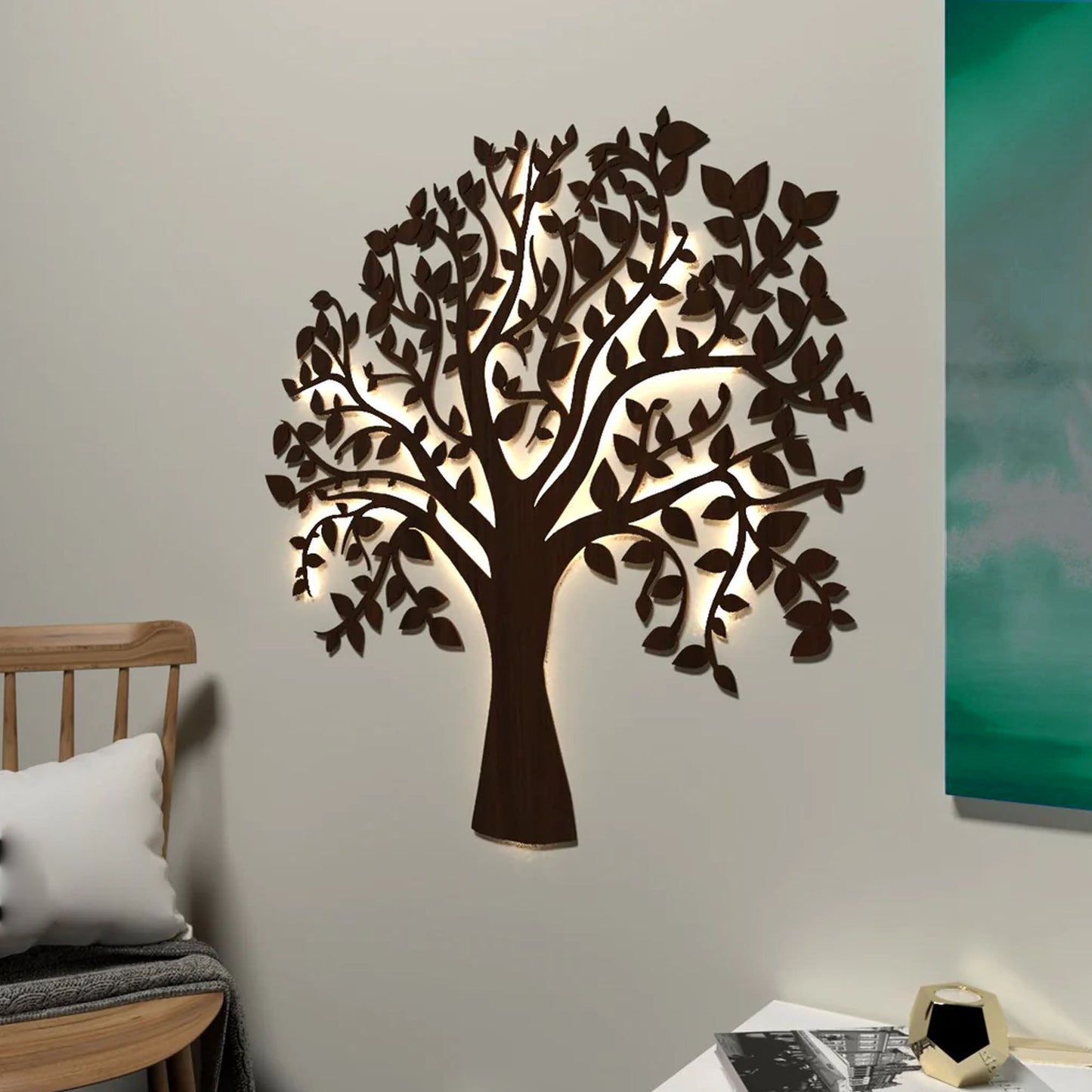 Glowing Tree Backlit Wooden Wall Art  with LED Night Light Walnut Finish