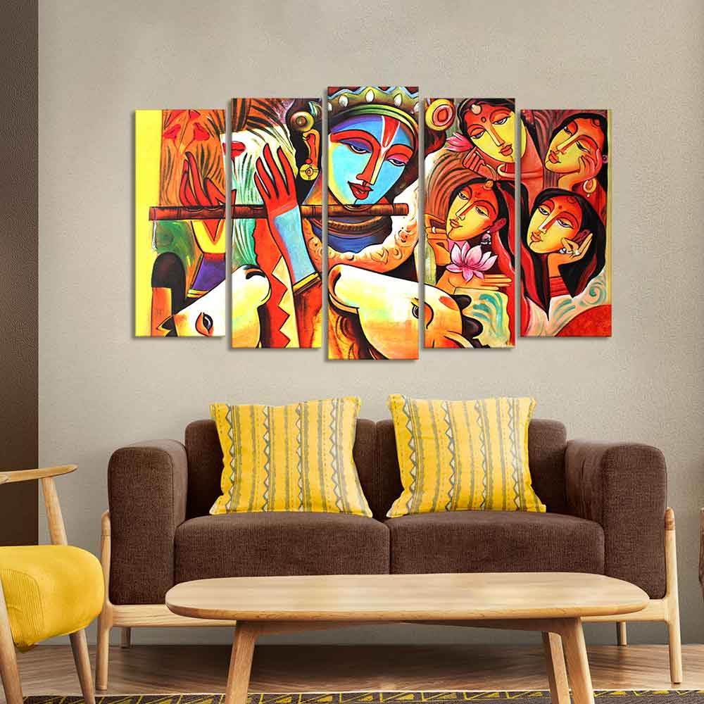 God Radha Krishna Beautiful Wall Painting Set of Five Pieces