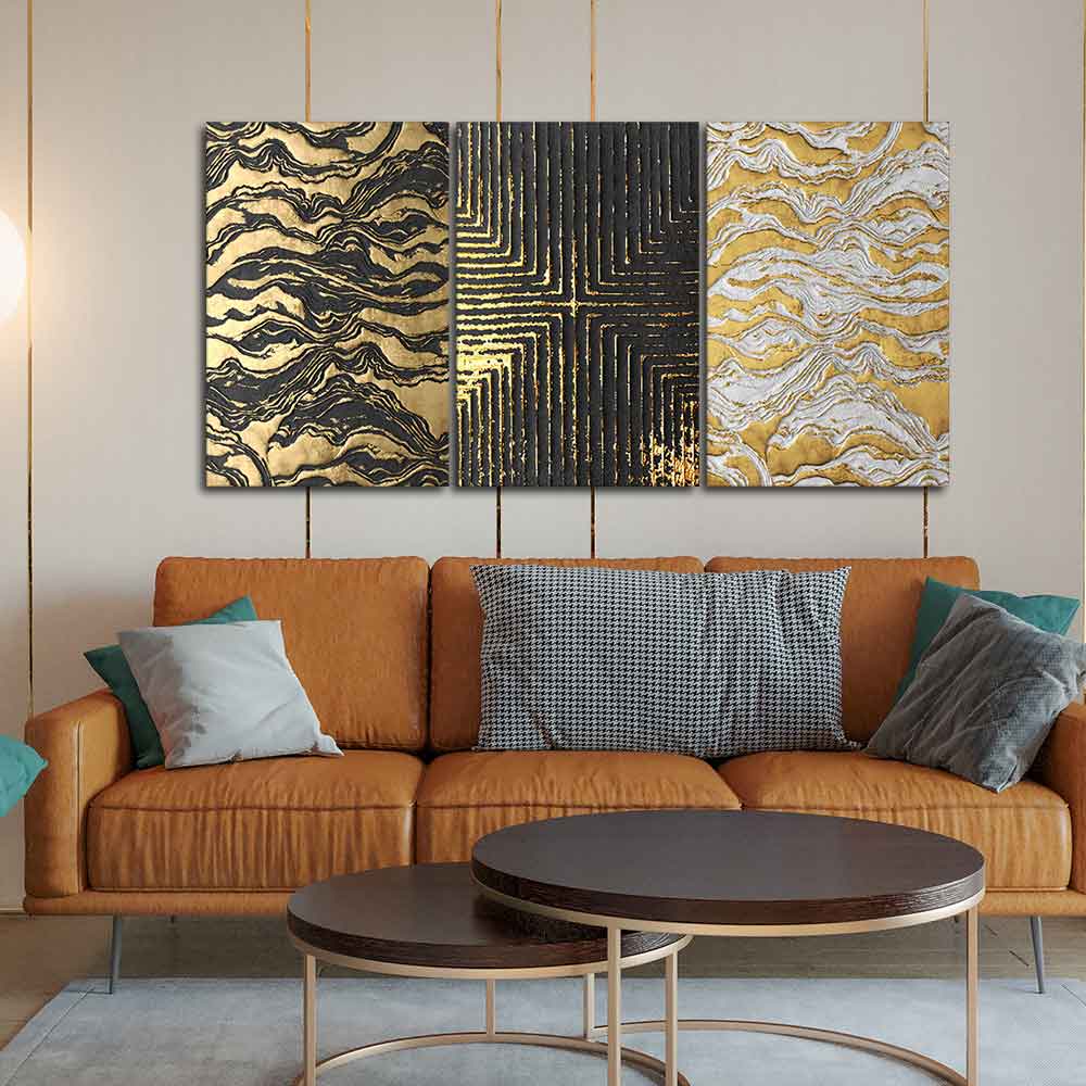 Golden Abstract Art Wall Painting of 3 Pieces