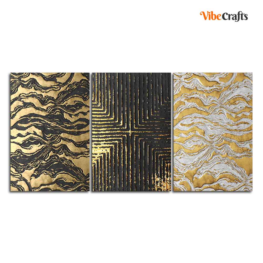 Golden Abstract Art Wall Painting of 3 Pieces