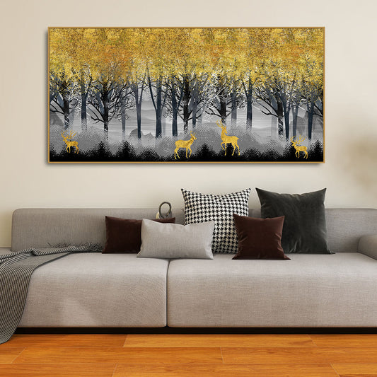 Golden Deers in Dark Forest Premium Canvas Wall Painting