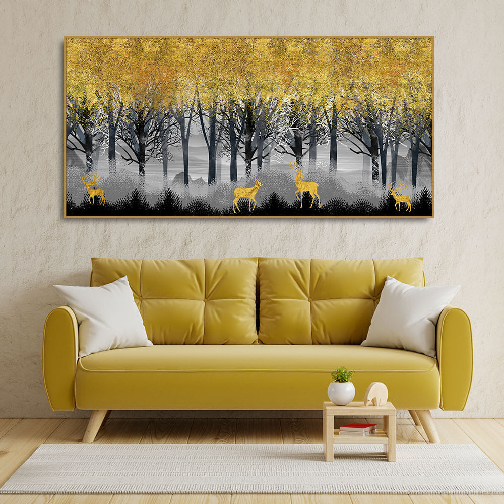 Golden Deers in Dark Forest Premium Canvas Wall Painting