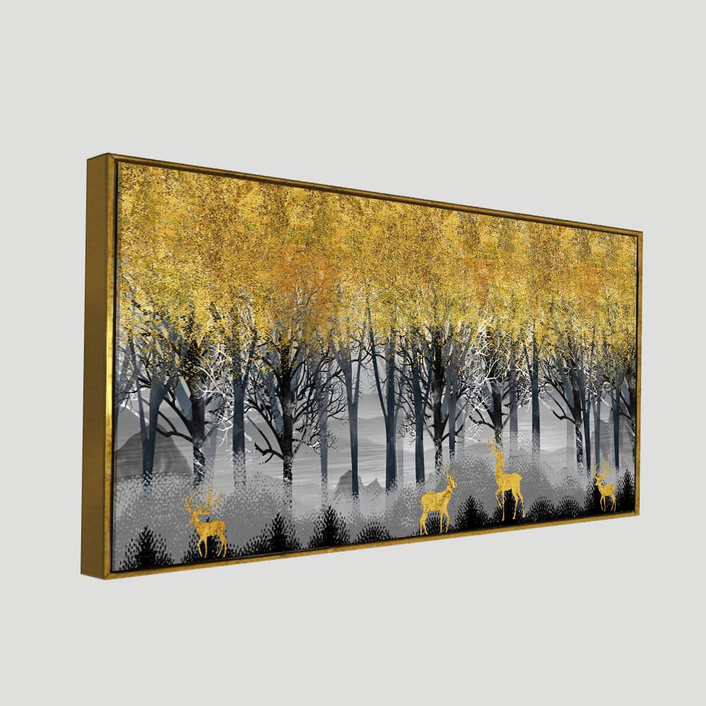 Golden Deers in Dark Forest Premium Canvas Wall Painting