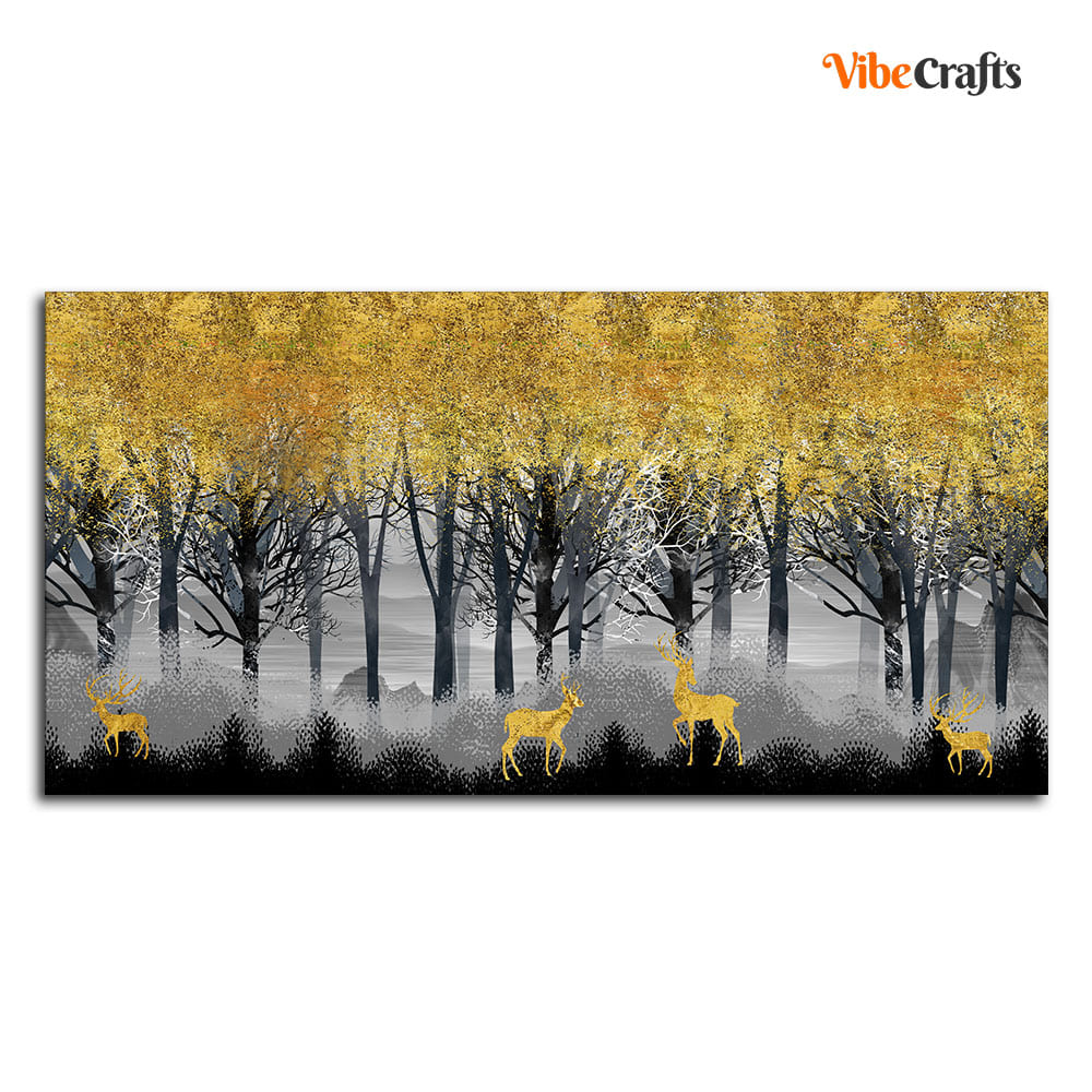 Golden Deers in Dark Forest Premium Canvas Wall Painting