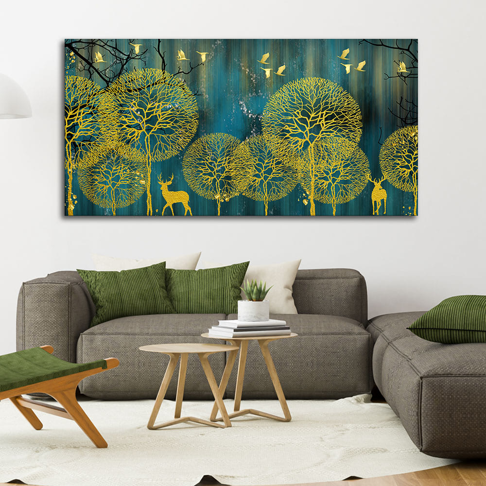 Golden Nightscape with Deers and Golden birds Canvas Wall Painting