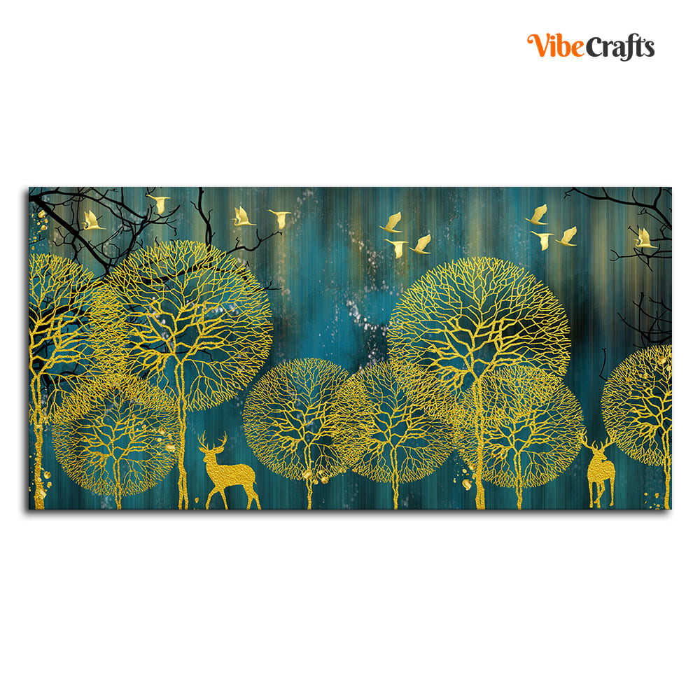 Golden Nightscape with Deers and Golden birds Canvas Wall Painting