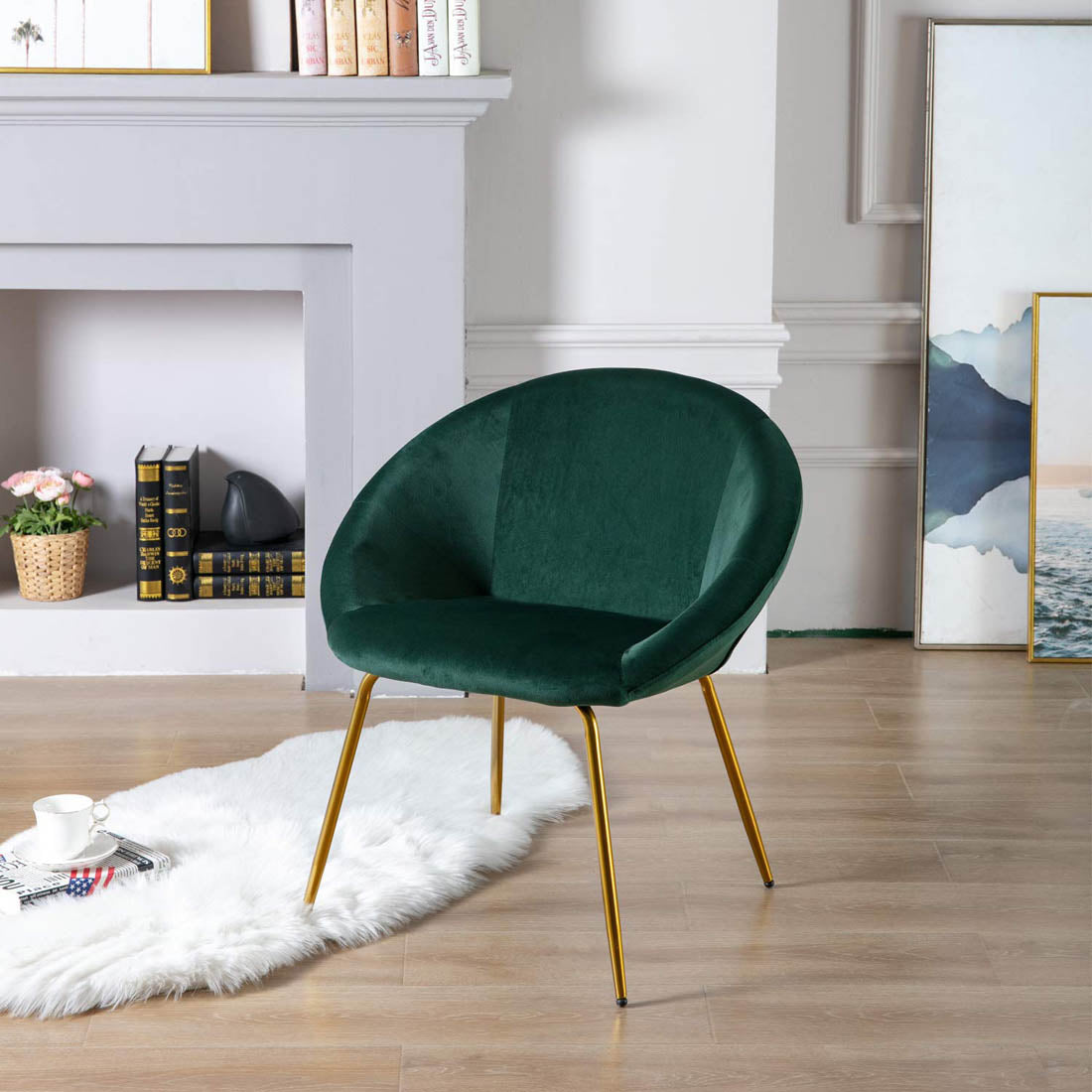 Green Color Round Shell Back Velvet Accent Chair