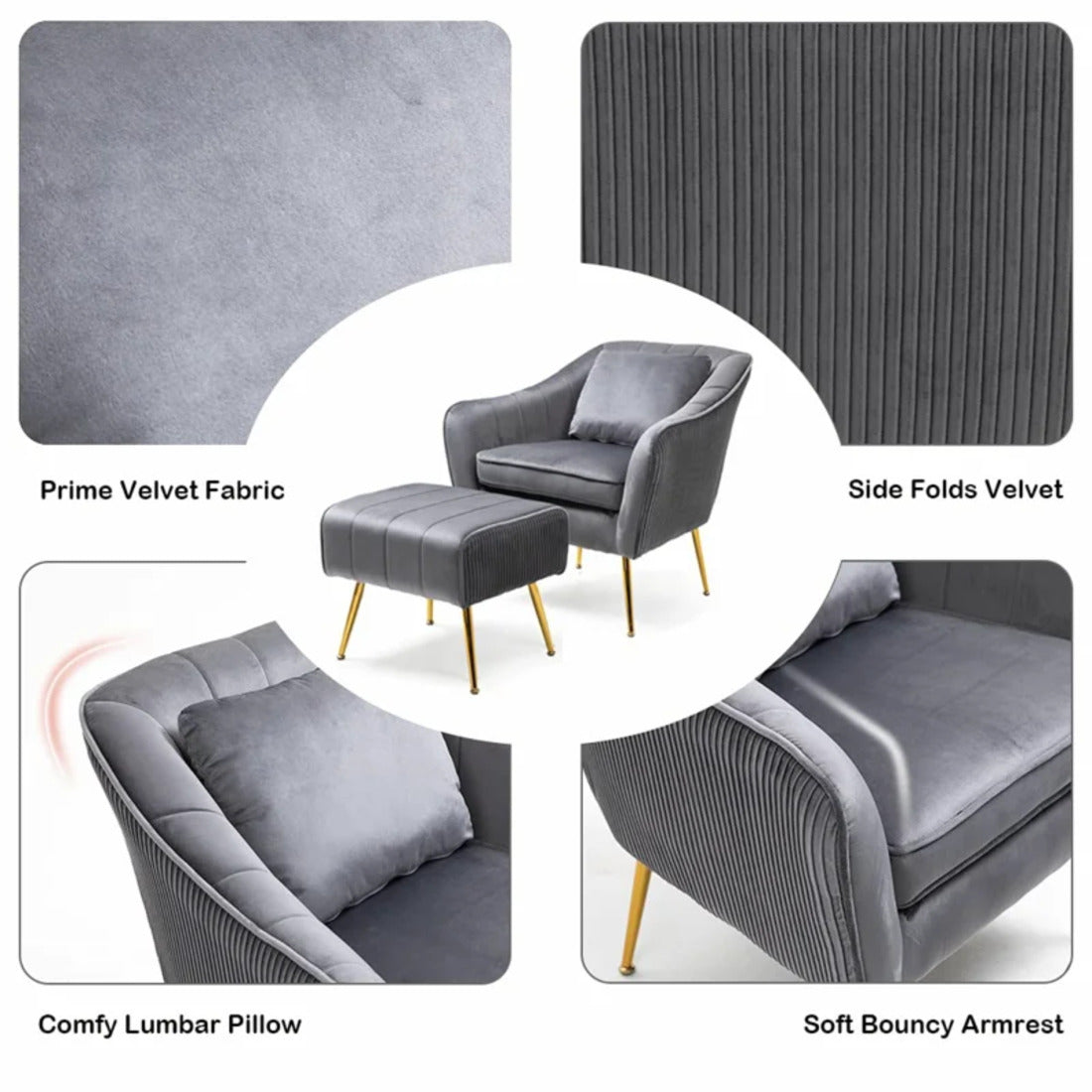 Grey Fluffy Super Comfy Velvet Luxury Accent Chair with Ottoman