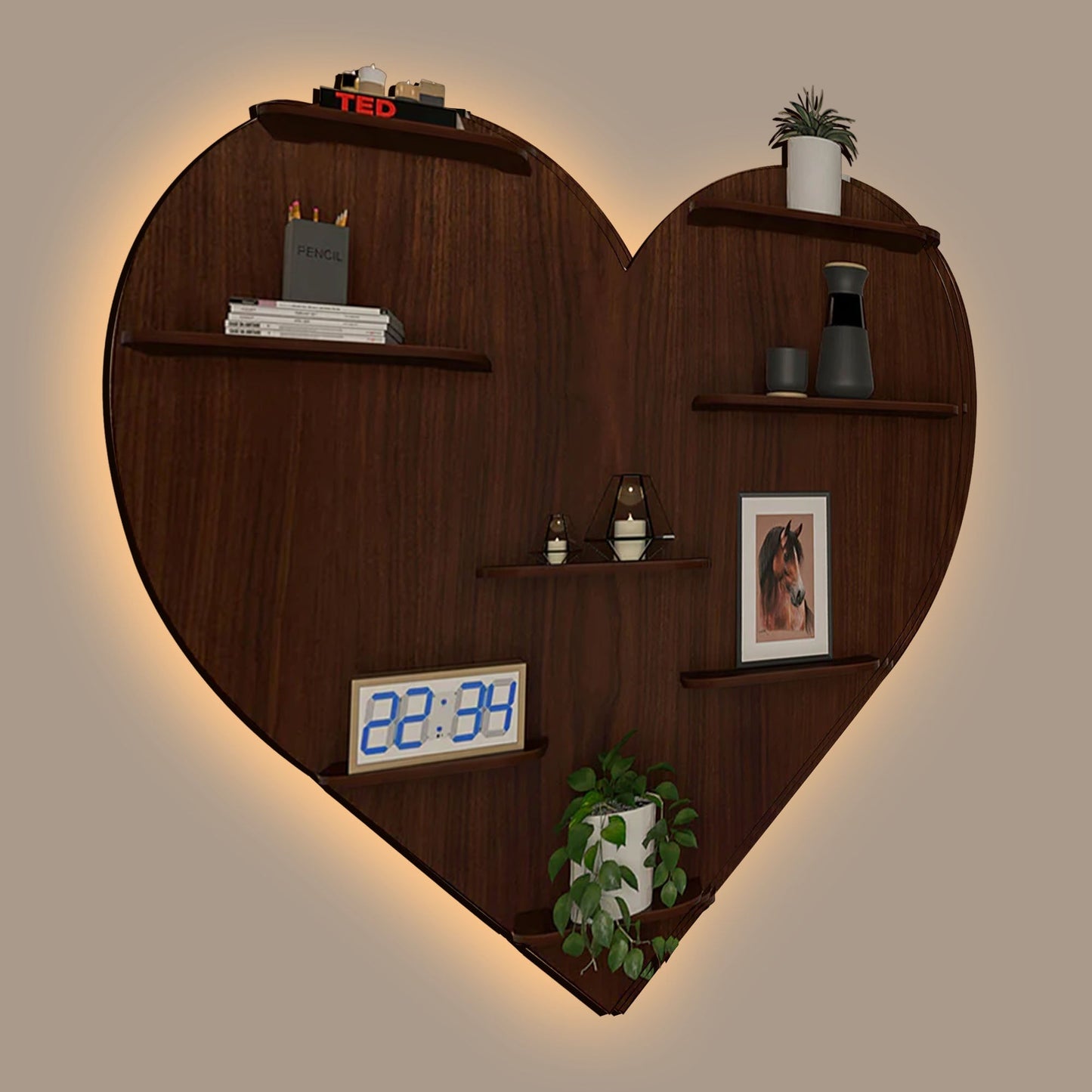 Heart Backlit Designer Wooden Wall Shelf / Book Shelf / Night Light, Walnut Finish