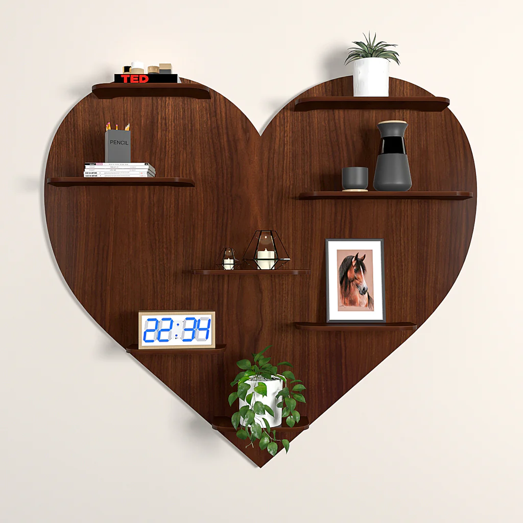 Heart Backlit Designer Wooden Wall Shelf / Book Shelf / Night Light, Walnut Finish