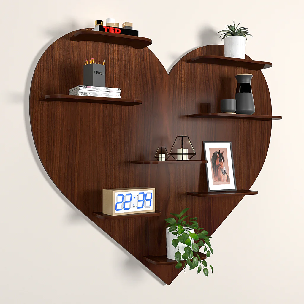 Heart Backlit Designer Wooden Wall Shelf / Book Shelf / Night Light, Walnut Finish