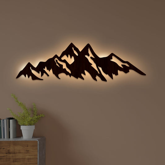 Himalayan Mountain Backlit Wooden Wall Art  with LED Night Light Walnut Finish