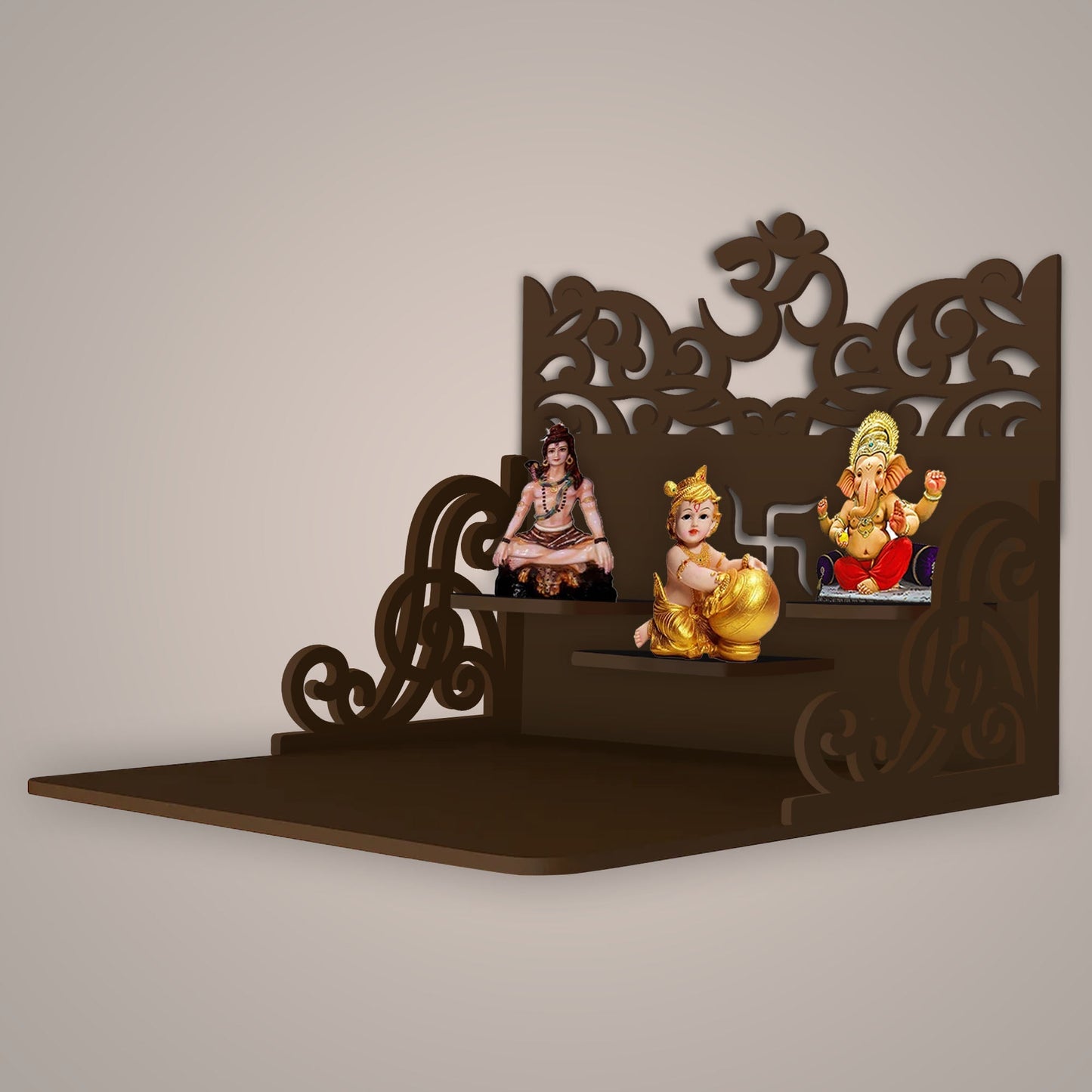 Hindu Holy Symbol of OM Design Art Wall Hanging Wooden Temple/ Pooja Mandir Design with Shelf, Brown Color