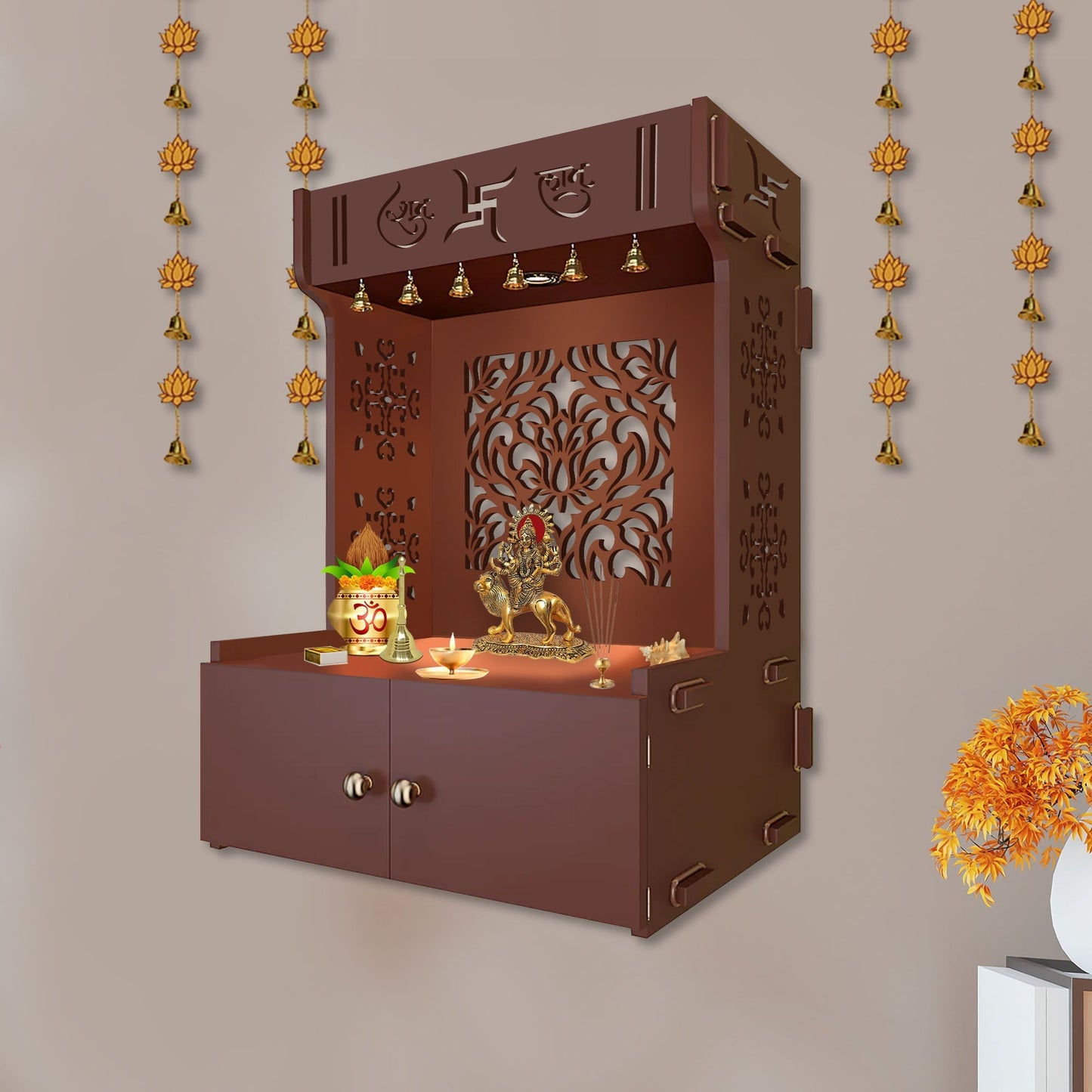 Holy Swastika Symbol of Hindu Religious Brown Wooden Wall Temple for Home With Inbuilt focus Lights & Spacious Shelf