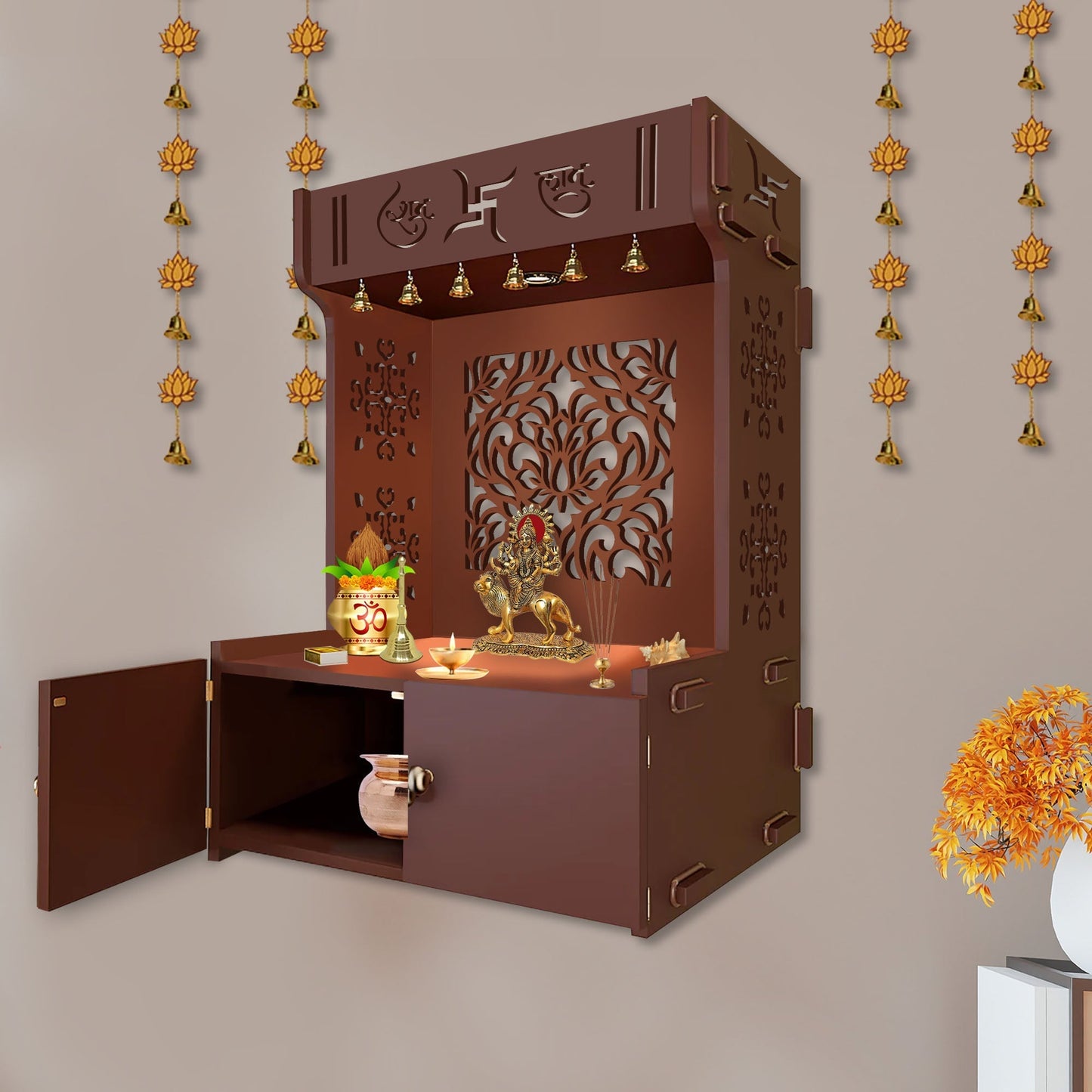 Holy Swastika Symbol of Hindu Religious Brown Wooden Wall Temple for Home With Inbuilt focus Lights & Spacious Shelf