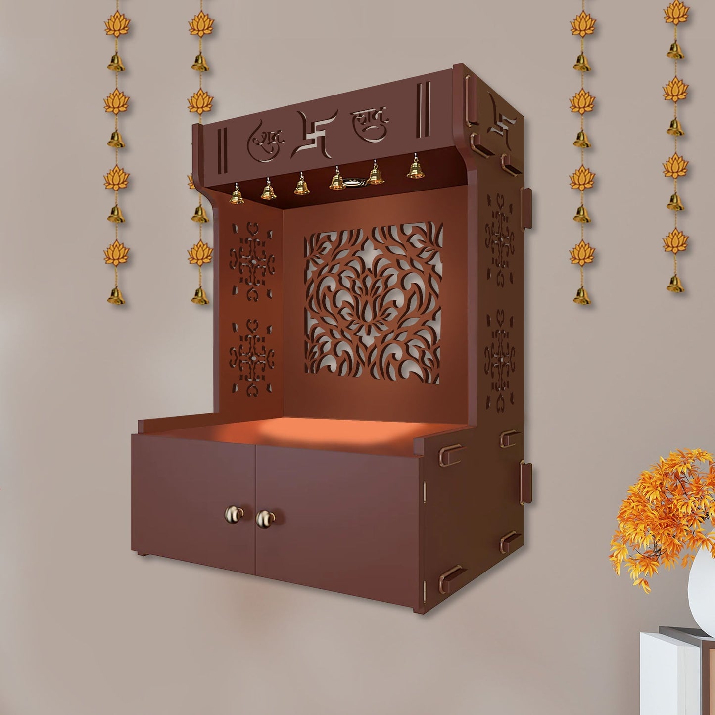 Holy Swastika Symbol of Hindu Religious Brown Wooden Wall Temple for Home With Inbuilt focus Lights & Spacious Shelf