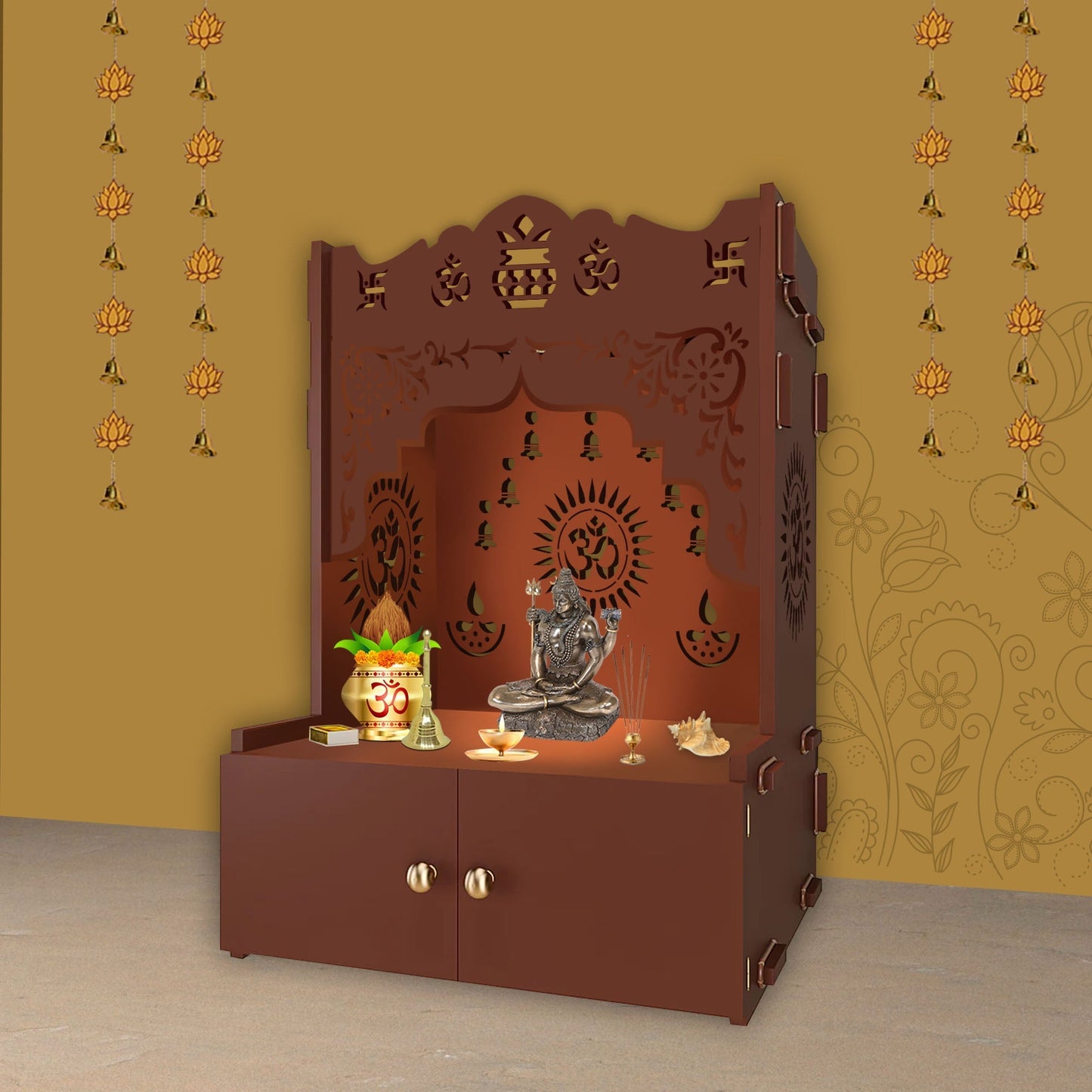 Holy Symbol Om Chakra Floor Temple with Spacious Wooden Shelf & Inbuilt Focus Light- Brown Finish