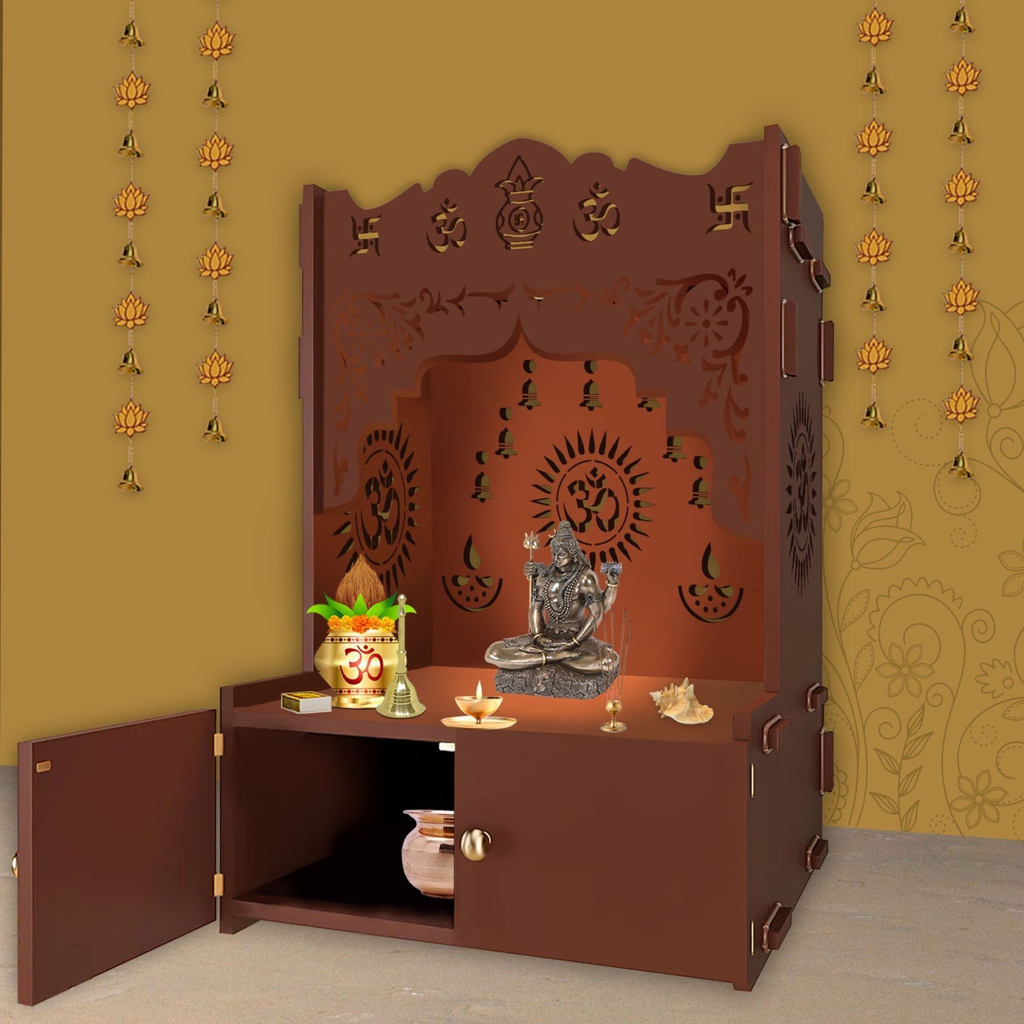 Holy Symbol Om Chakra Floor Temple with Spacious Wooden Shelf & Inbuilt Focus Light- Brown Finish