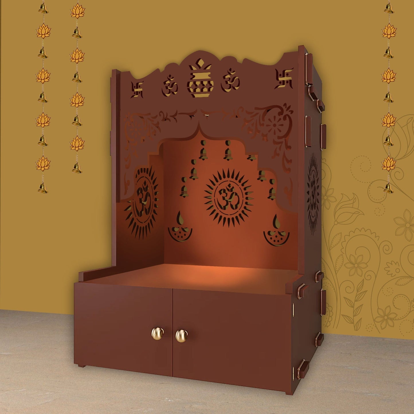 Holy Symbol Om Chakra Floor Temple with Spacious Wooden Shelf & Inbuilt Focus Light- Brown Finish