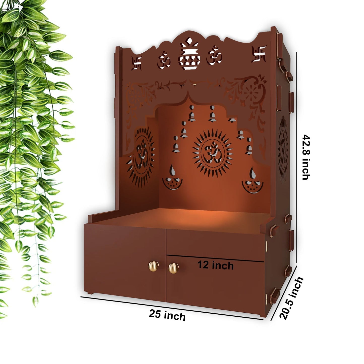 Holy Symbol Om Chakra Floor Temple with Spacious Wooden Shelf & Inbuilt Focus Light- Brown Finish