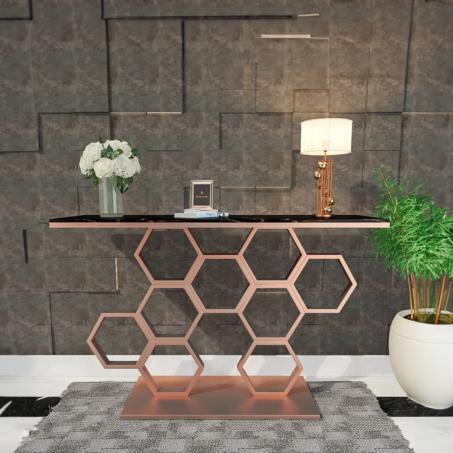 Honeycomb Motif Copper Finish Metal Console Table