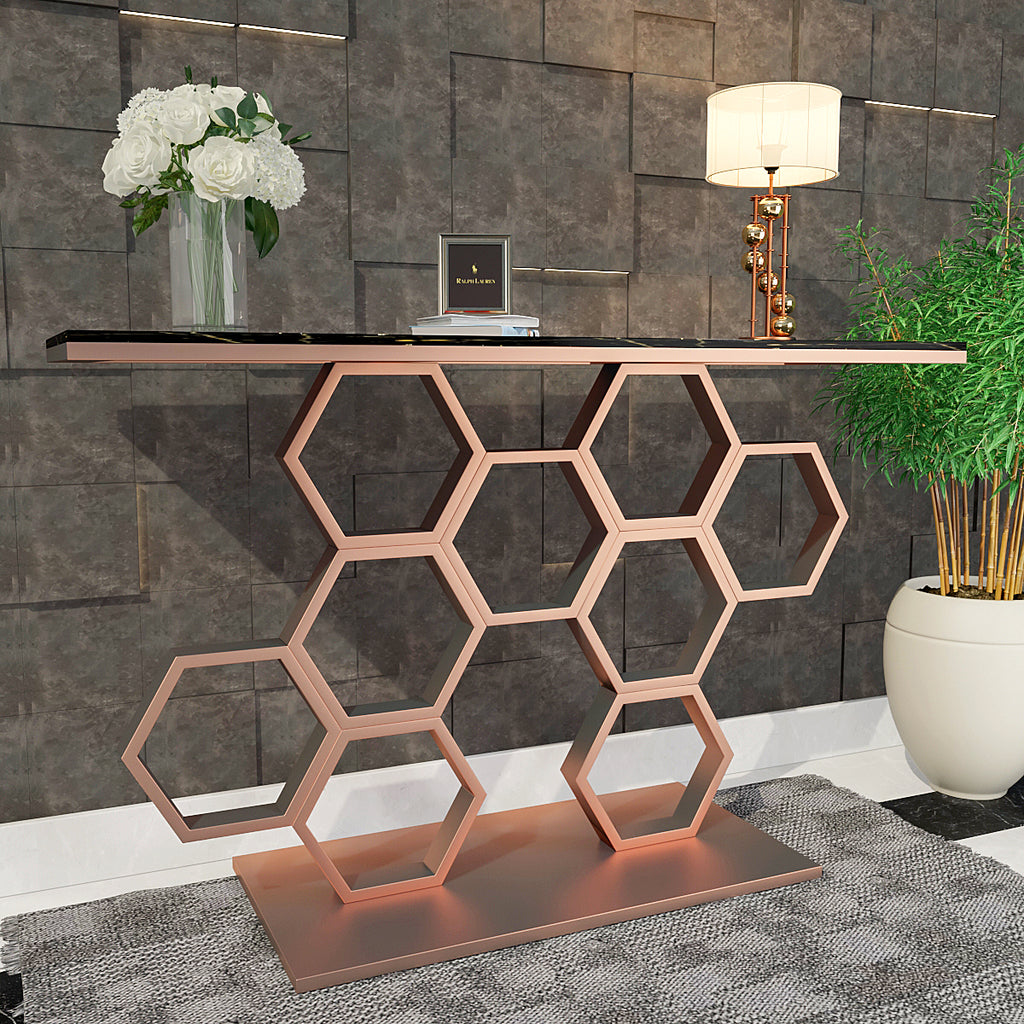 Honeycomb Motif Copper Finish Metal Console Table