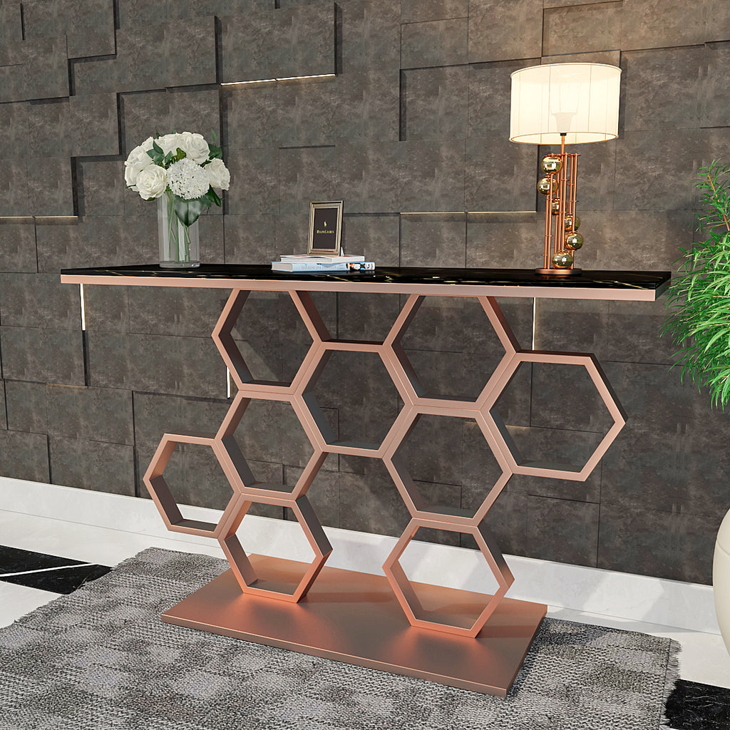 Honeycomb Motif Copper Finish Metal Console Table