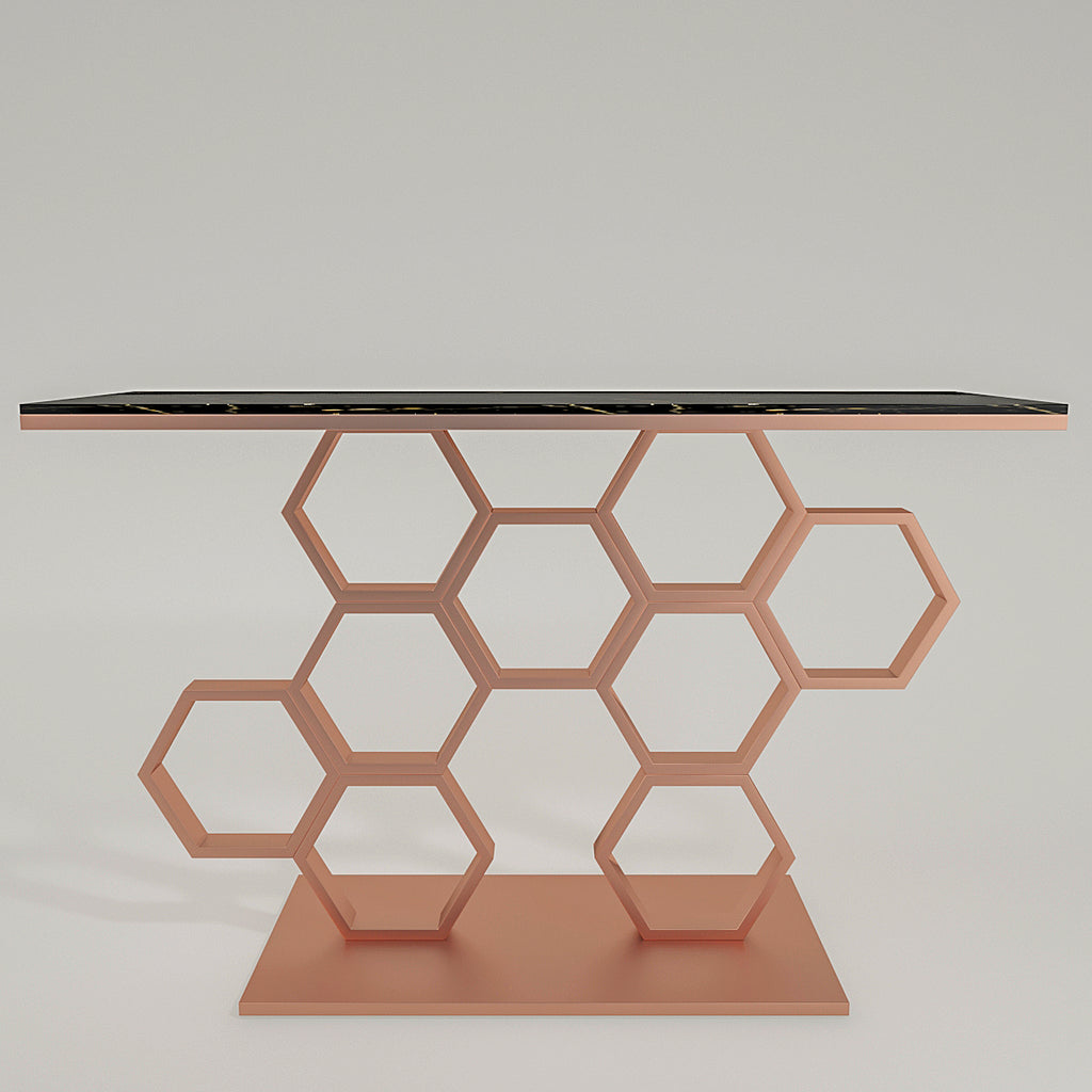 Honeycomb Motif Copper Finish Metal Console Table