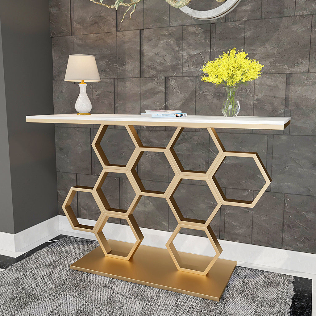 Honeycomb Motif Golden Metal Finish Console Table