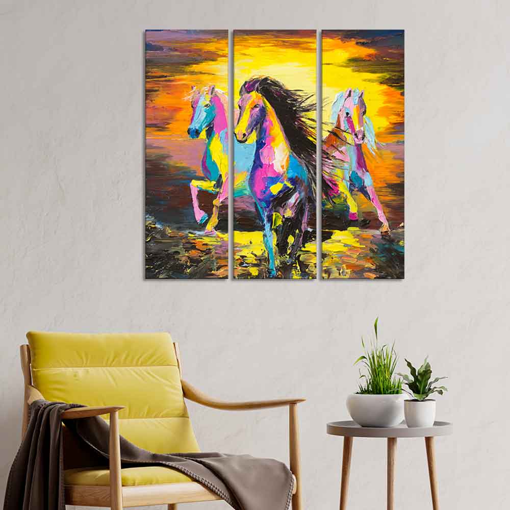 Horses Running in Sunset Canvas Wall Painting of 3 Pieces